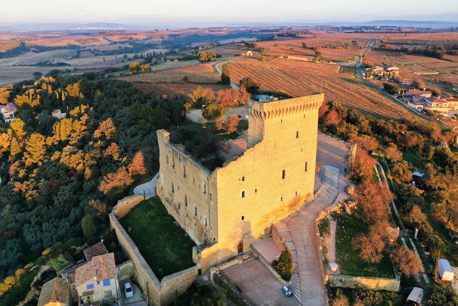 Stunning aerial shot of Châteauneuf-du-Pape castle in Provence, showcasing historical architecture and vineyards.